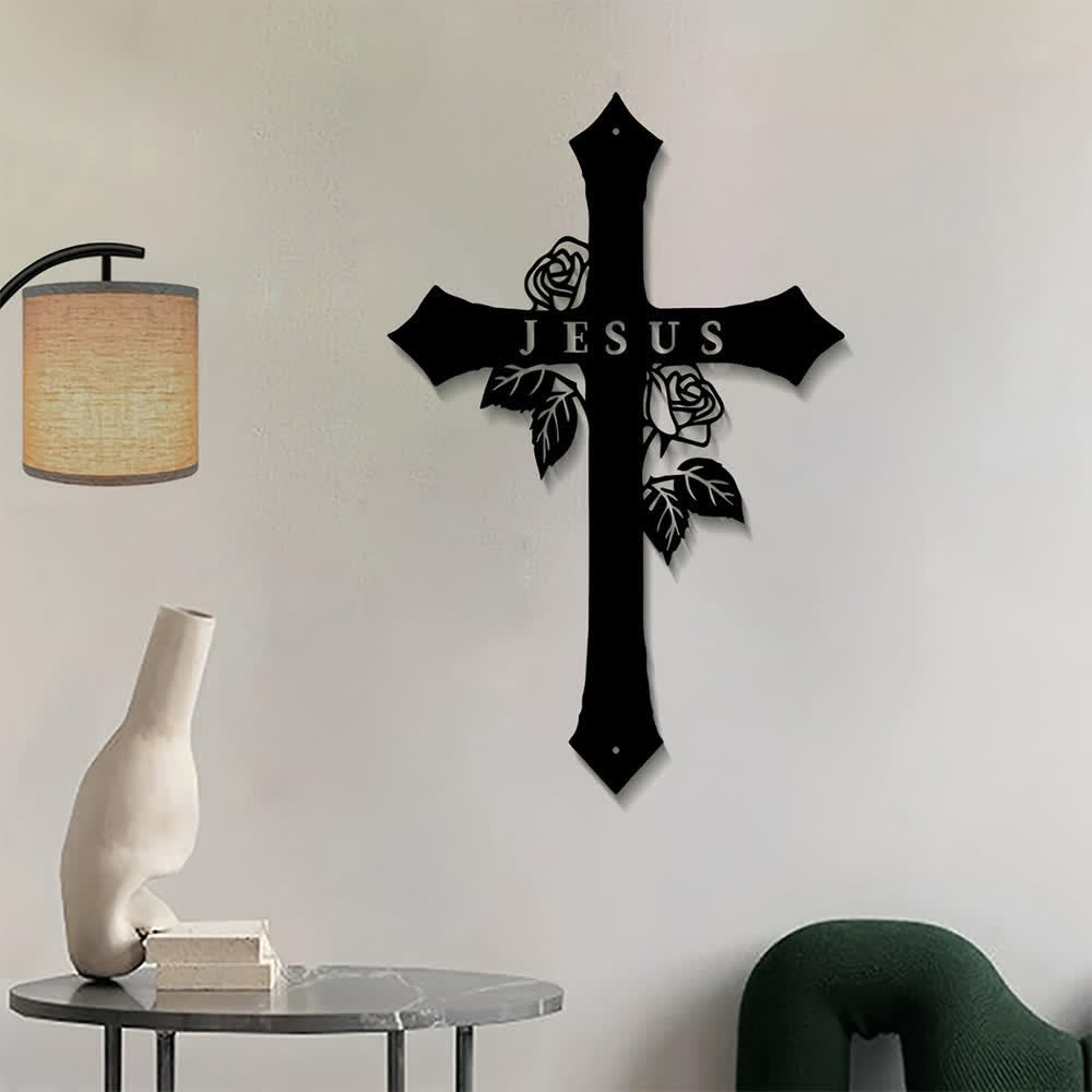 Christianartworkshop Heiliges Kreuz aus Rosenranken mit dem Schriftzug „JESUS“ – Wanddekoration aus Metall: Symbol ewiger göttlicher Liebe - image 2