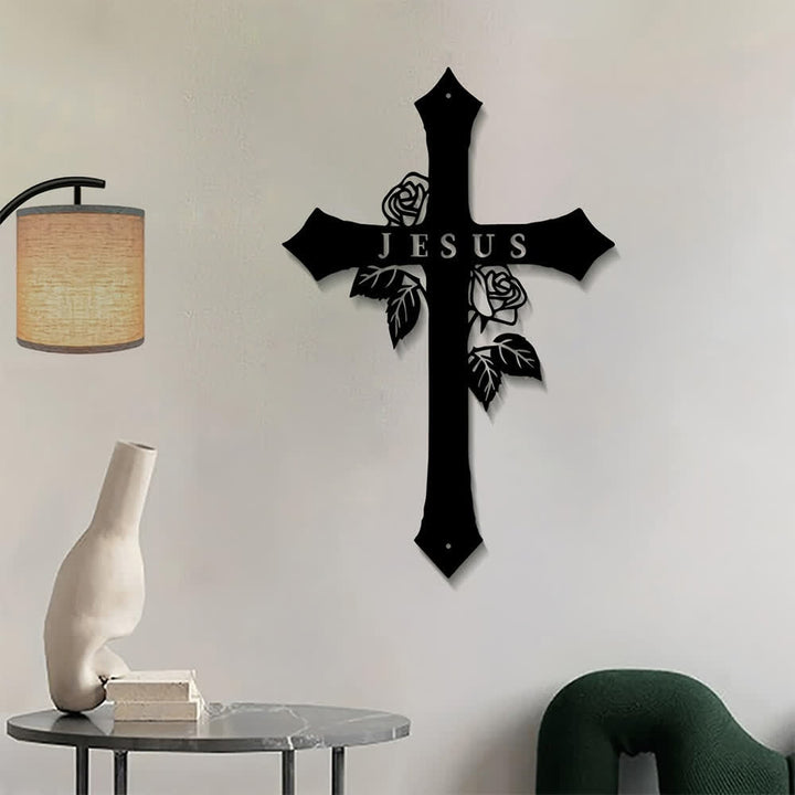 Christianartworkshop Heiliges Kreuz aus Rosenranken mit dem Schriftzug „JESUS“ – Wanddekoration aus Metall: Symbol ewiger göttlicher Liebe - image 2