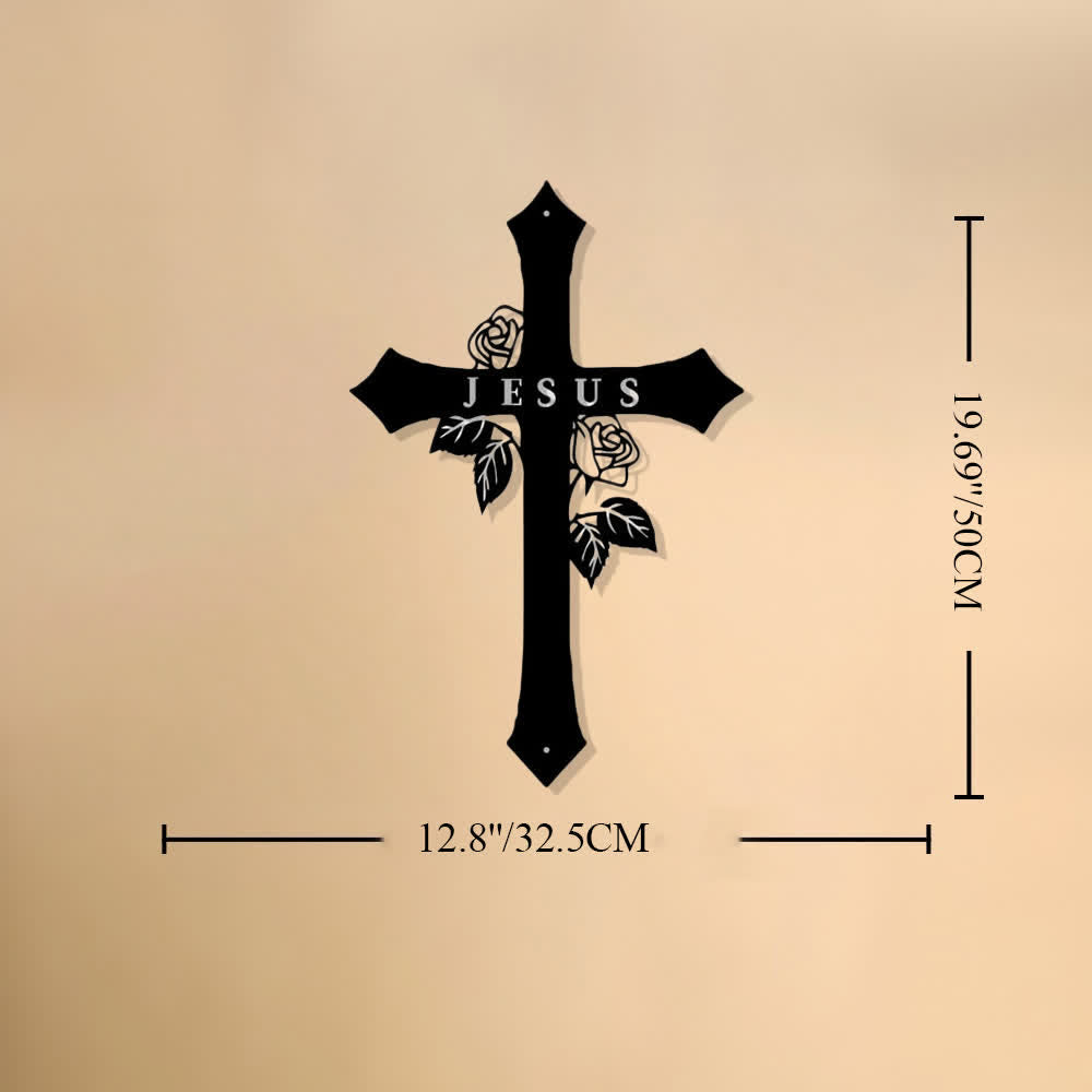 Christianartworkshop Heiliges Kreuz aus Rosenranken mit dem Schriftzug „JESUS“ – Wanddekoration aus Metall: Symbol ewiger göttlicher Liebe - 12,79" × 19,68" × 0,06" / 32,5 × 50 × 0,15 cm - image 8