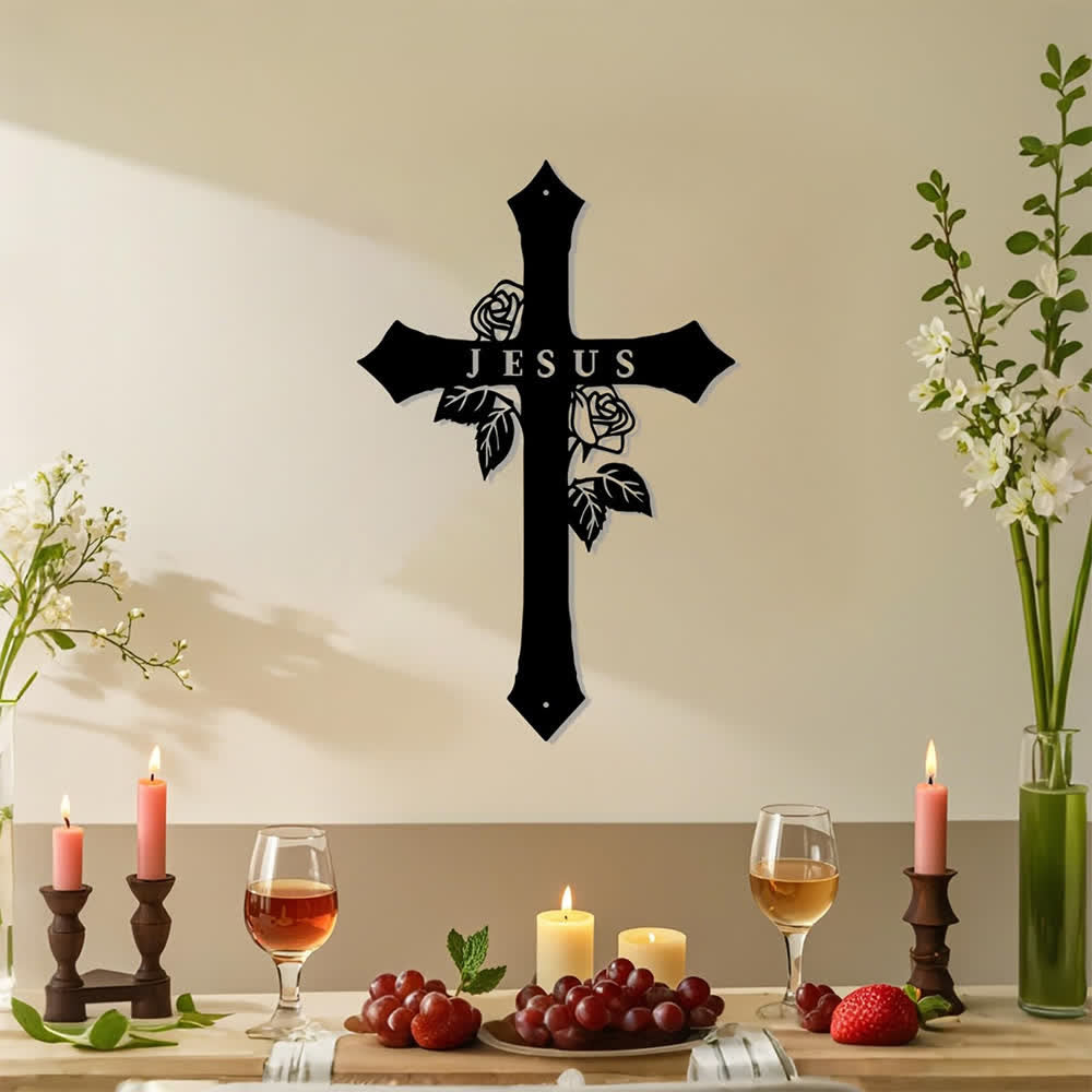 Christianartworkshop Heiliges Kreuz aus Rosenranken mit dem Schriftzug „JESUS“ – Wanddekoration aus Metall: Symbol ewiger göttlicher Liebe - image 3