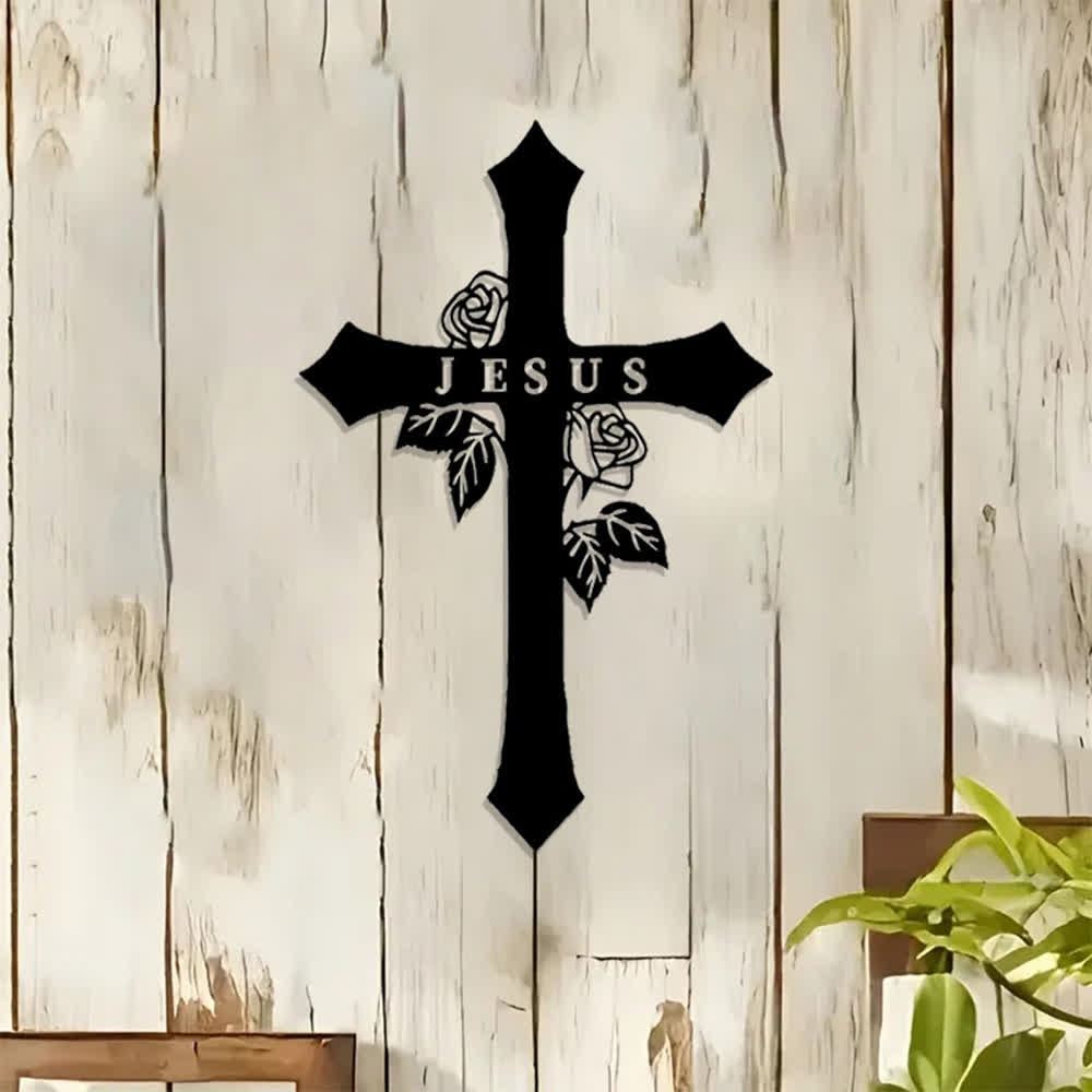 Christianartworkshop Heiliges Kreuz aus Rosenranken mit dem Schriftzug „JESUS“ – Wanddekoration aus Metall: Symbol ewiger göttlicher Liebe - image 0