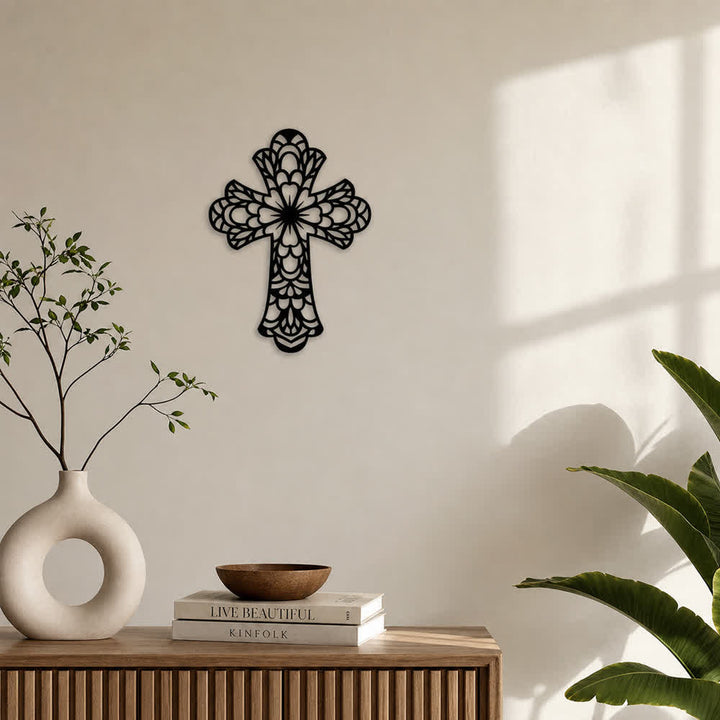 Christianartworkshop Aufwendig gestaltetes, florales Mandala-Kreuz aus Metall als Wanddekoration: Symbol sanfter, göttlicher Schönheit - image 0