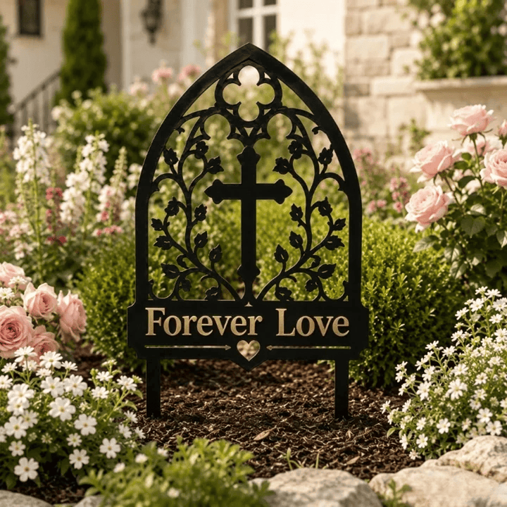 Christianartworkshop Gotisches Bogen-Rankenkreuz-Gedenk-Gartenstecker aus Metall: Symbol ewiger göttlicher Liebe - image 3