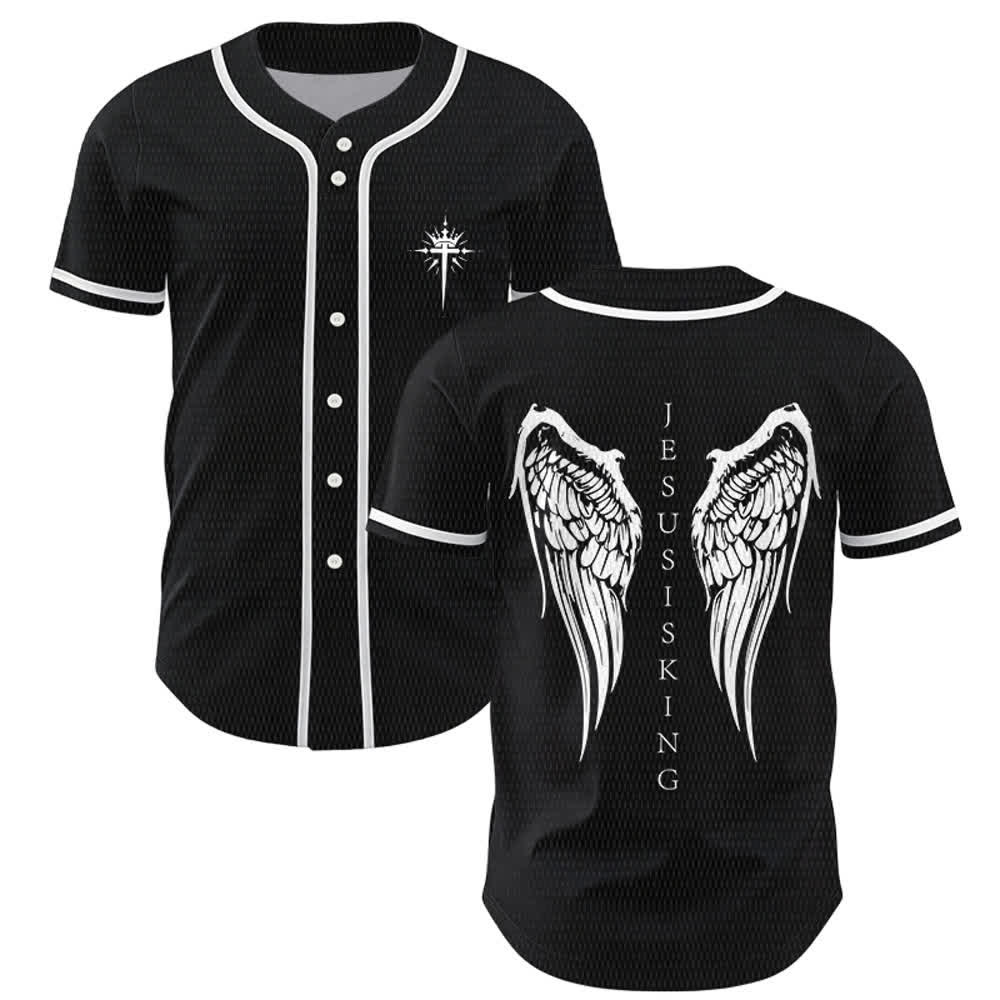 Christianartworkshop Jesus ist König Engelsflügel Kreuz Glaubensbekenntnis Individuelles Baseballtrikot - Schwarz - 5XL - image 0