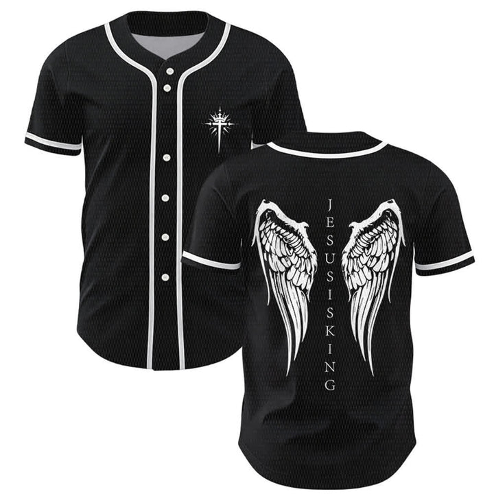Christianartworkshop Jesus ist König Engelsflügel Kreuz Glaubensbekenntnis Individuelles Baseballtrikot - Schwarz - 5XL - image 0