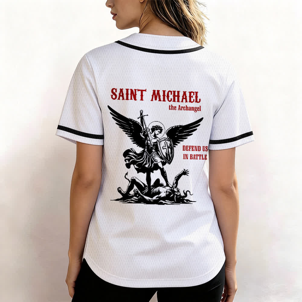 Christianartworkshop St. Michael Archangel Defend Us Unisex Baseball Jersey - image 5