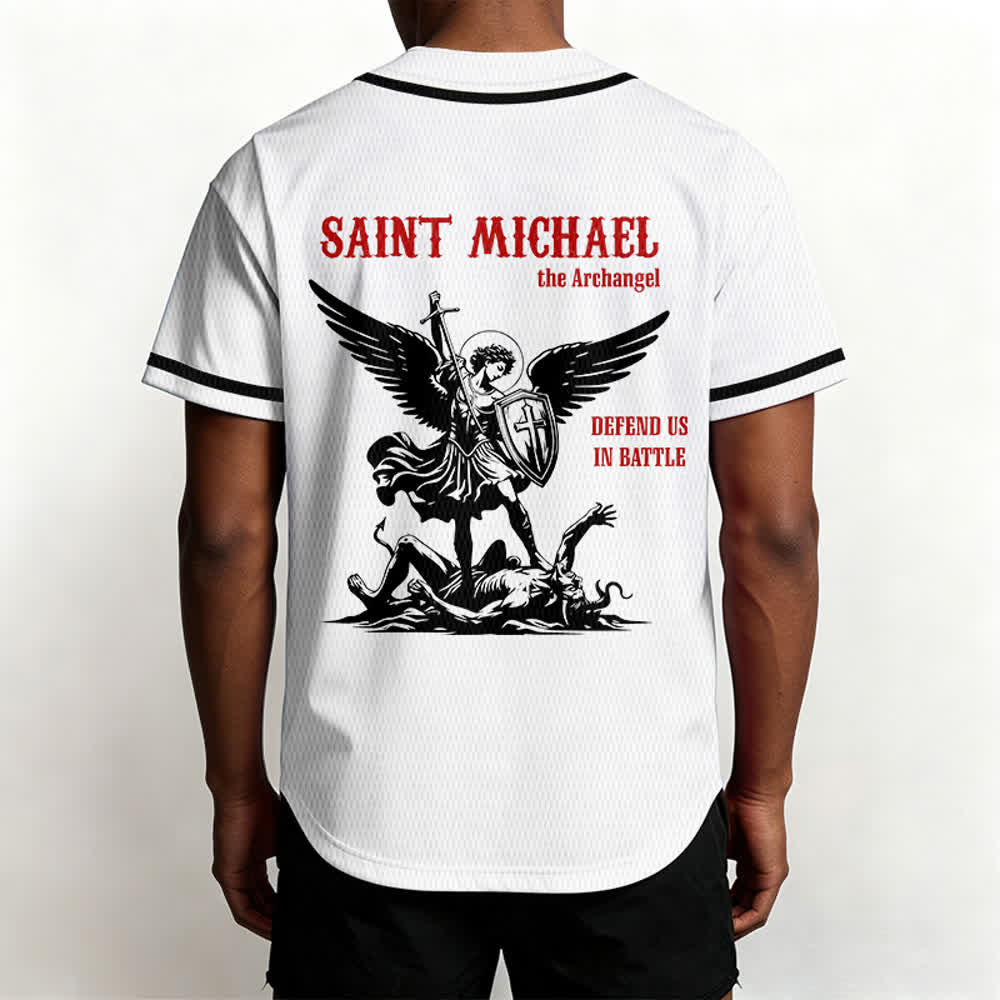 Christianartworkshop St. Michael Archangel Defend Us Unisex Baseball Jersey - image 3