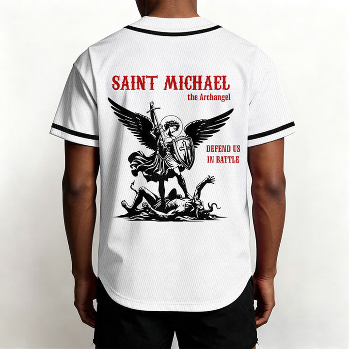 Christianartworkshop St. Michael Archangel Defend Us Unisex Baseball Jersey - image 3