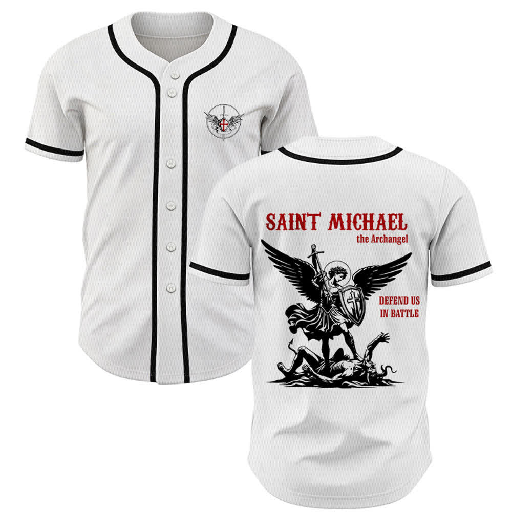Christianartworkshop St. Michael Archangel Defend Us Unisex Baseball Jersey - Weiß - 5XL - image 0