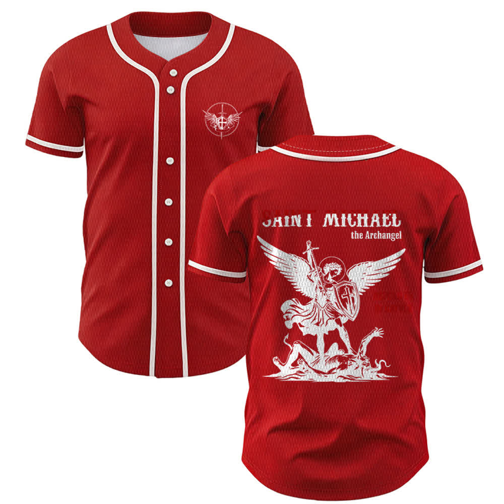 Christianartworkshop St. Michael Archangel Defend Us Unisex Baseball Jersey - Rot - 5XL - image 14
