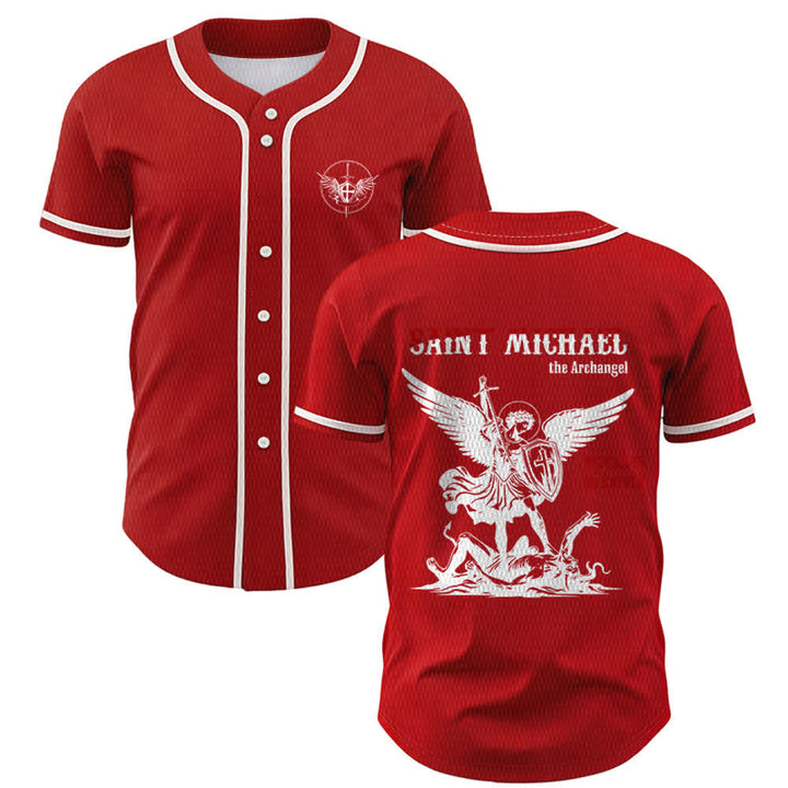 Christianartworkshop St. Michael Archangel Defend Us Unisex Baseball Jersey - Rot - 5XL - image 14
