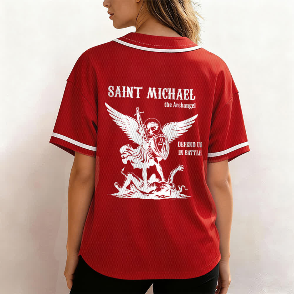 Christianartworkshop St. Michael Archangel Defend Us Unisex Baseball Jersey - image 17
