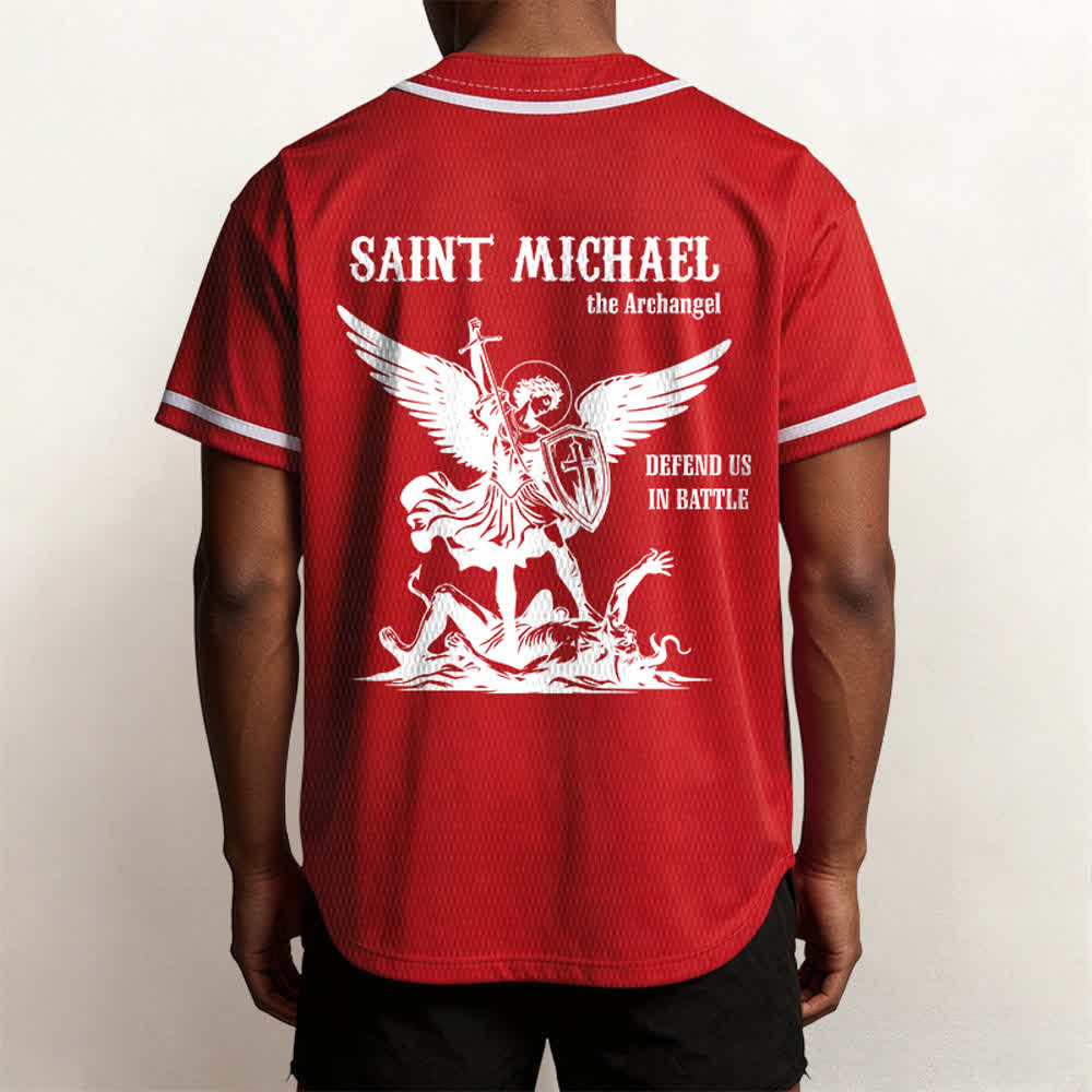 Christianartworkshop St. Michael Archangel Defend Us Unisex Baseball Jersey - image 19