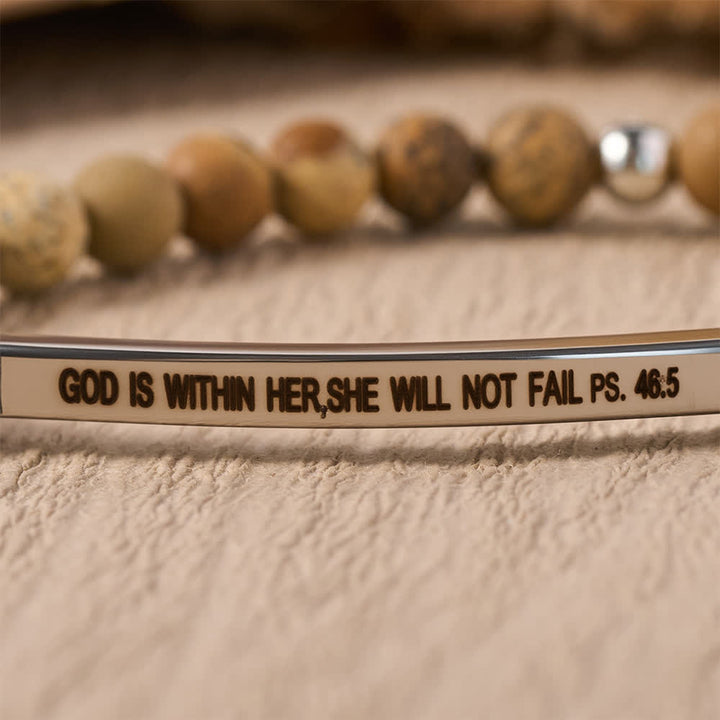Christianartworkshop Graviertes, gebogenes Stretch-Perlenarmband mit Psalmvers: Gott ist in ihr, sie wird nicht scheitern - image 13