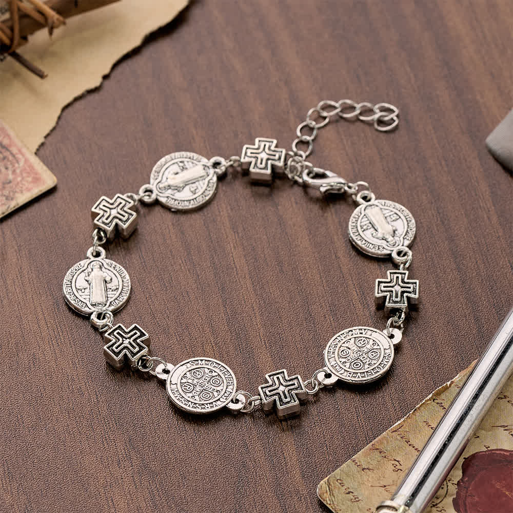 Christianartworkshop Vintage-Armband mit antik anmutender Oberfläche, St.-Benedikt-Medaillen und 3D-Kreuz-Zwischenstücken: Symbol des beständigen himmlischen Schutzes - St. Benedikt und Kreuz - image 0