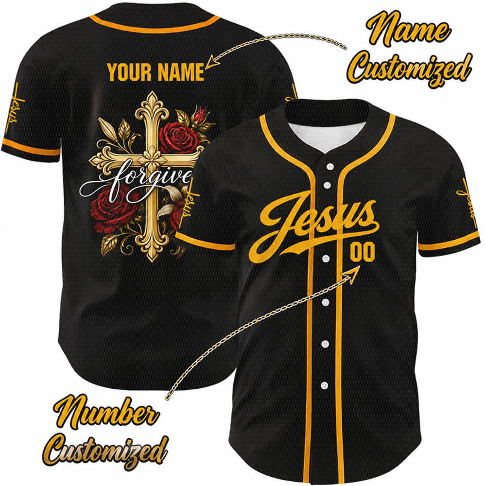 Christianartworkshop Jesus Forgive Golden Cross Red Rose Unisex Custom Baseball Jersey - 5XL - Name & Nummer angepasst - image 0