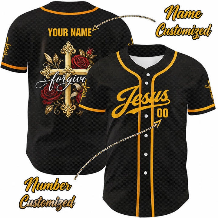 Christianartworkshop Jesus Forgive Golden Cross Red Rose Unisex Custom Baseball Jersey - 5XL - Name & Nummer angepasst - image 0