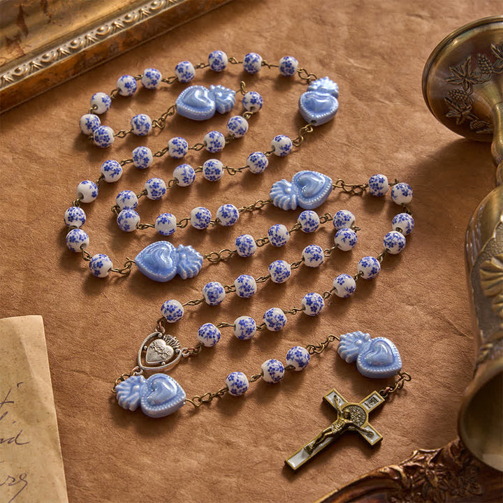 Christianartworkshop Rosenkranz aus Keramik mit glänzender Glasur und Medaillon des Heiligen Herzens - Heiliges Herz & blaue Blumenperlen - image 8