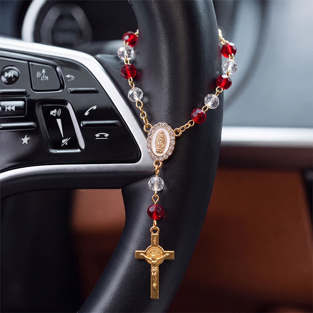 Christianartworkshop Ovales Marienporträt, mehrfarbiges Perlenkreuz als Autoanhänger: Eine Erinnerung an den gnädigen Schutz Gottes auf jeder Reise - image 3