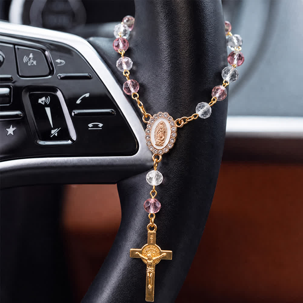 Christianartworkshop Ovales Marienporträt, mehrfarbiges Perlenkreuz als Autoanhänger: Eine Erinnerung an den gnädigen Schutz Gottes auf jeder Reise - Rosa - image 13