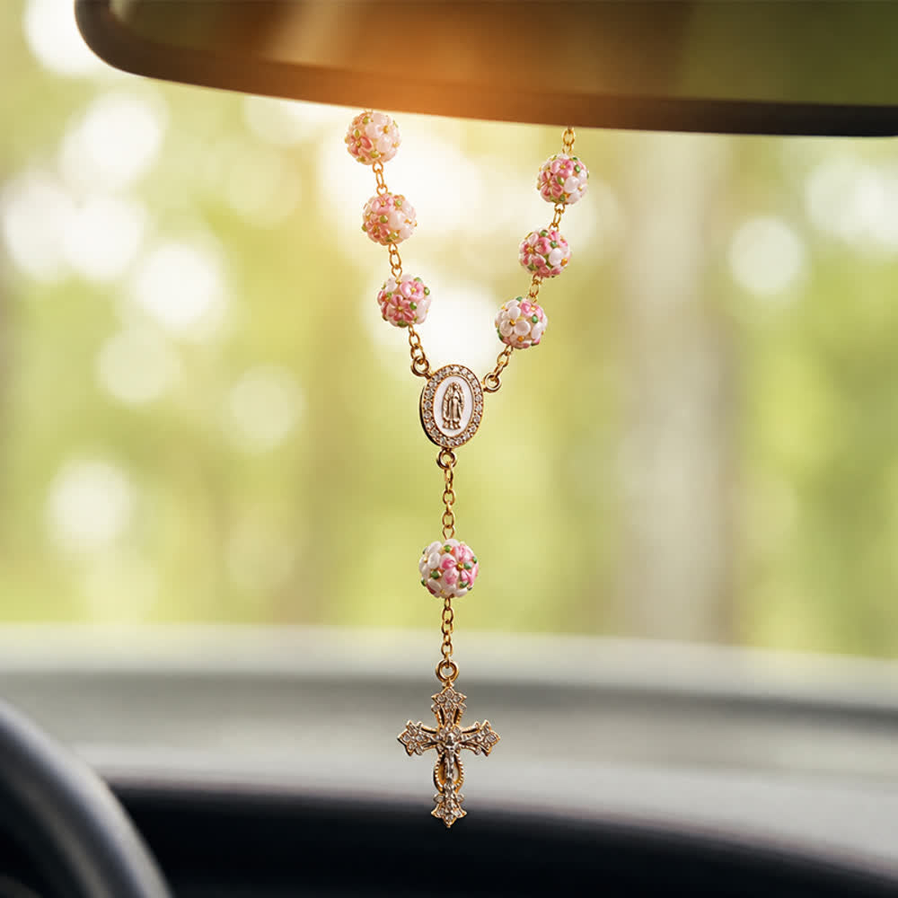Christianartworkshop Prunkvoll verzierter Rosenkranz aus Glas mit goldenem Kreuz und Blumenmuster: Symbol himmlischen Reiseschutzes - Rosenkranz mit Blumenperlen - image 0