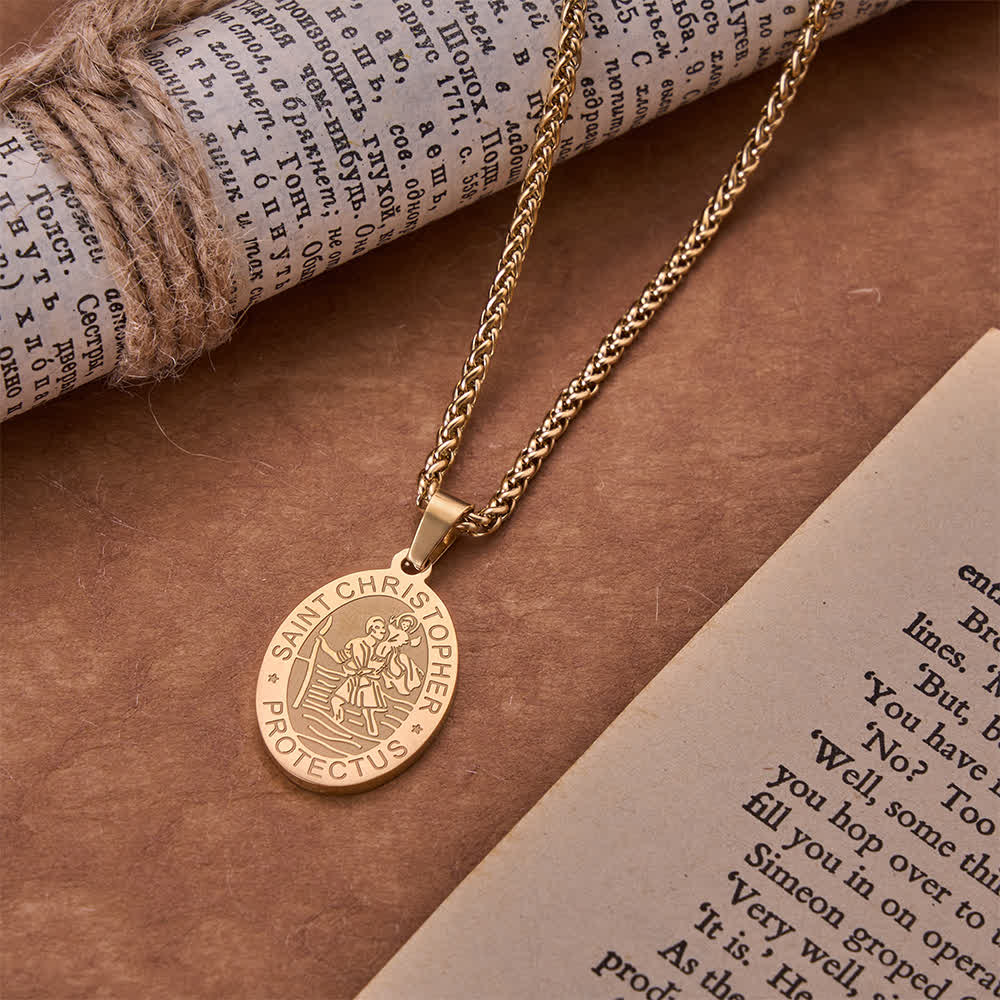 Christianartworkshop Ovale Halskette mit gravierter St.-Christophorus-Medaille und Weizenkette: Zeitloses Symbol sanfter himmlischer Fürsorge - Golden - image 3