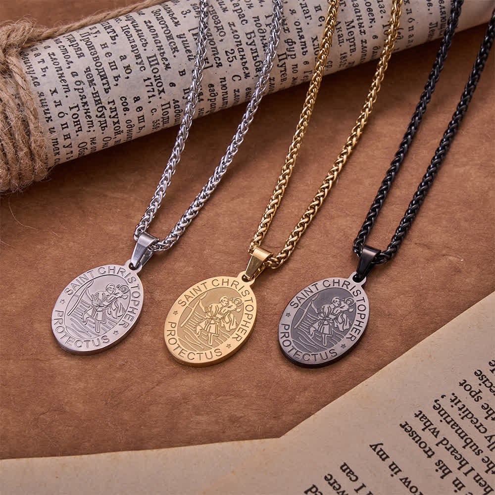 Christianartworkshop Ovale Halskette mit gravierter St.-Christophorus-Medaille und Weizenkette: Zeitloses Symbol sanfter himmlischer Fürsorge - image 0