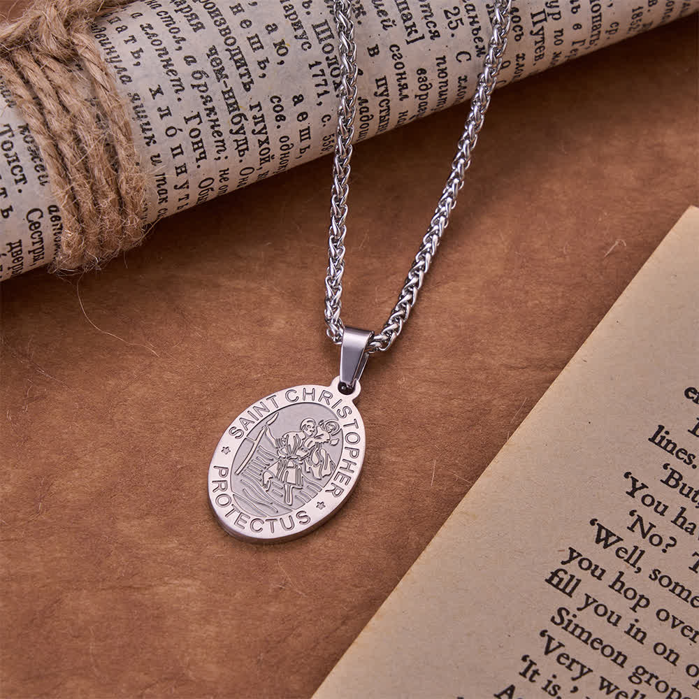 Christianartworkshop Ovale Halskette mit gravierter St.-Christophorus-Medaille und Weizenkette: Zeitloses Symbol sanfter himmlischer Fürsorge - Stahl - image 6