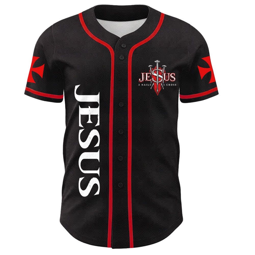 Christianartworkshop Vorderseite Vertikales Jesus-Nagelkreuz-Emblem Rückseite Blitz Löwe von Juda Porträt Button-Up Baseball-Trikot - image 1