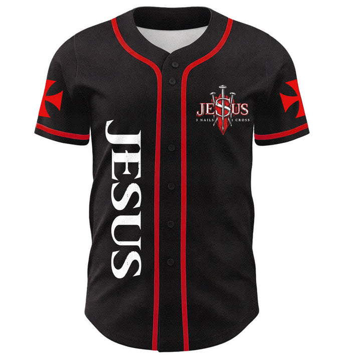 Christianartworkshop Vorderseite Vertikales Jesus-Nagelkreuz-Emblem Rückseite Blitz Löwe von Juda Porträt Button-Up Baseball-Trikot - image 1