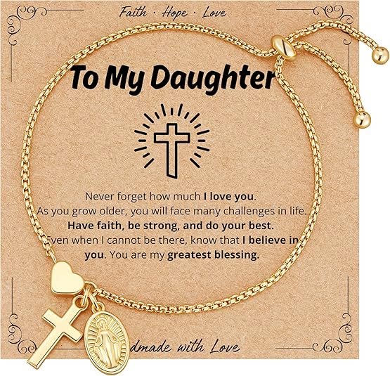 Christianartworkshop Verstellbares Armband mit Kastenkette, Kreuz, Herz und heiliger Medaille: Symbol des zarten himmlischen Segens - Golden - An meine Tochter - image 6