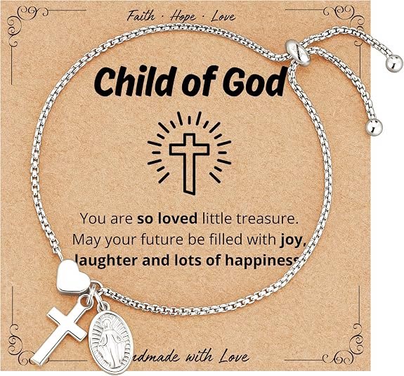 Christianartworkshop Verstellbares Armband mit Kastenkette, Kreuz, Herz und heiliger Medaille: Symbol des zarten himmlischen Segens - Silber - Kind Gottes - image 8