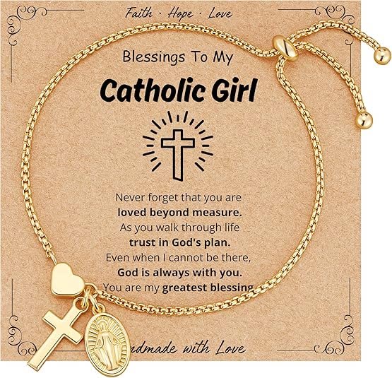 Christianartworkshop Verstellbares Armband mit Kastenkette, Kreuz, Herz und heiliger Medaille: Symbol des zarten himmlischen Segens - Golden - Katholisches Mädchen - image 1
