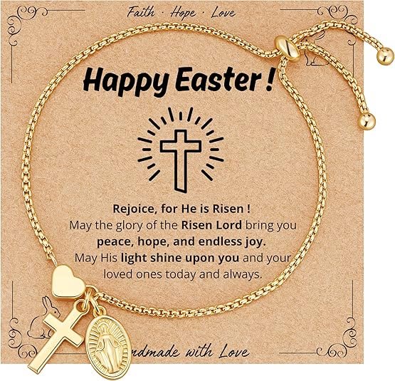 Christianartworkshop Verstellbares Armband mit Kastenkette, Kreuz, Herz und heiliger Medaille: Symbol des zarten himmlischen Segens - Golden - Frohe Ostern - image 4