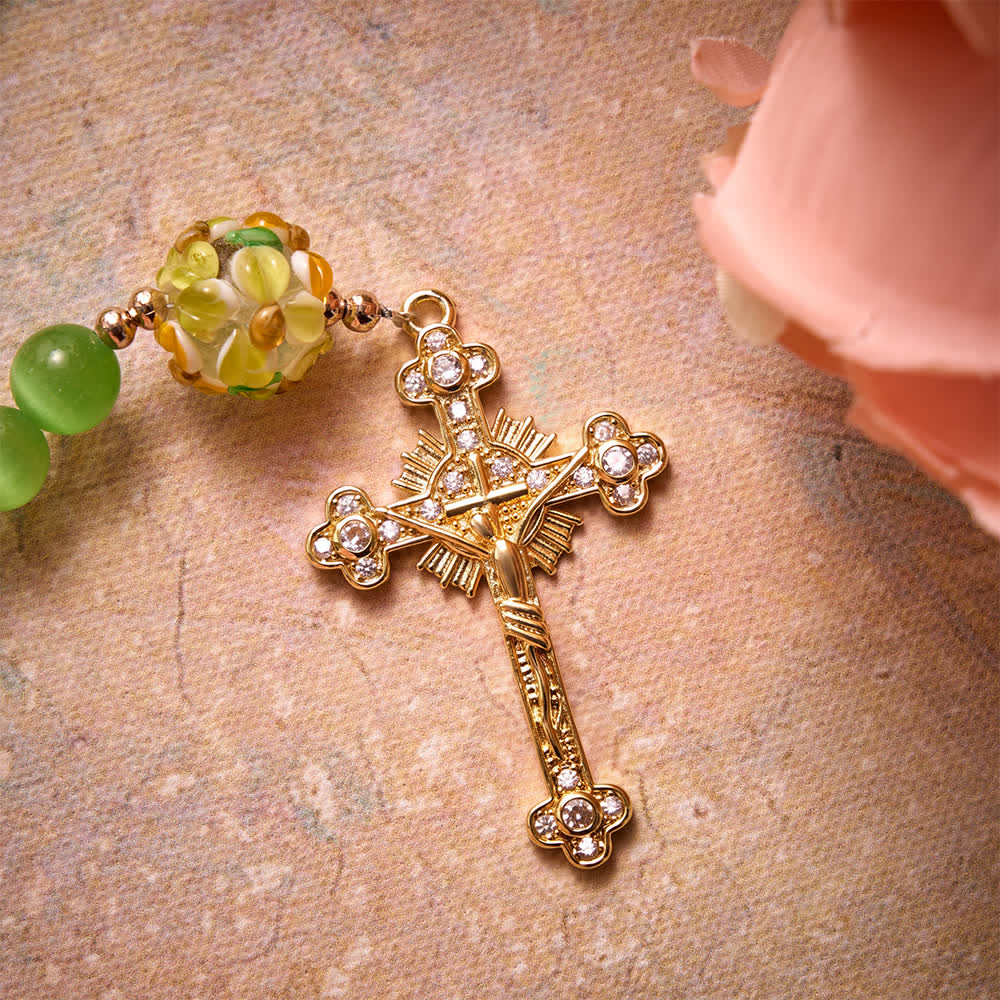 Christianartworkshop Rosenkranz aus grünem Katzenaugenstein mit floralen Glasperlen: Symbol für strahlende himmlische Segnungen - image 7