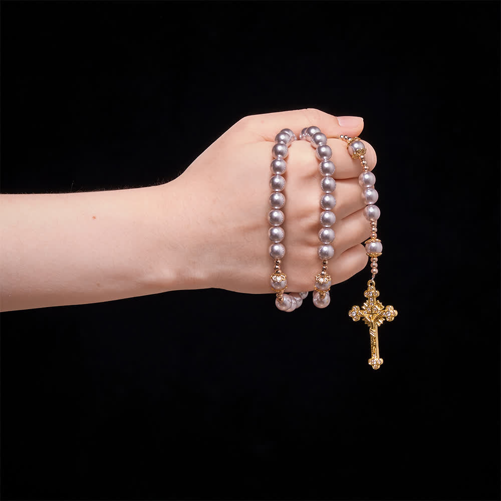 Christianartworkshop Rosenkranz Unserer Lieben Frau mit hellrosa Perlen und juwelenbesetztem goldenem Kruzifix: Sinnbild reiner himmlischer Zärtlichkeit - image 1