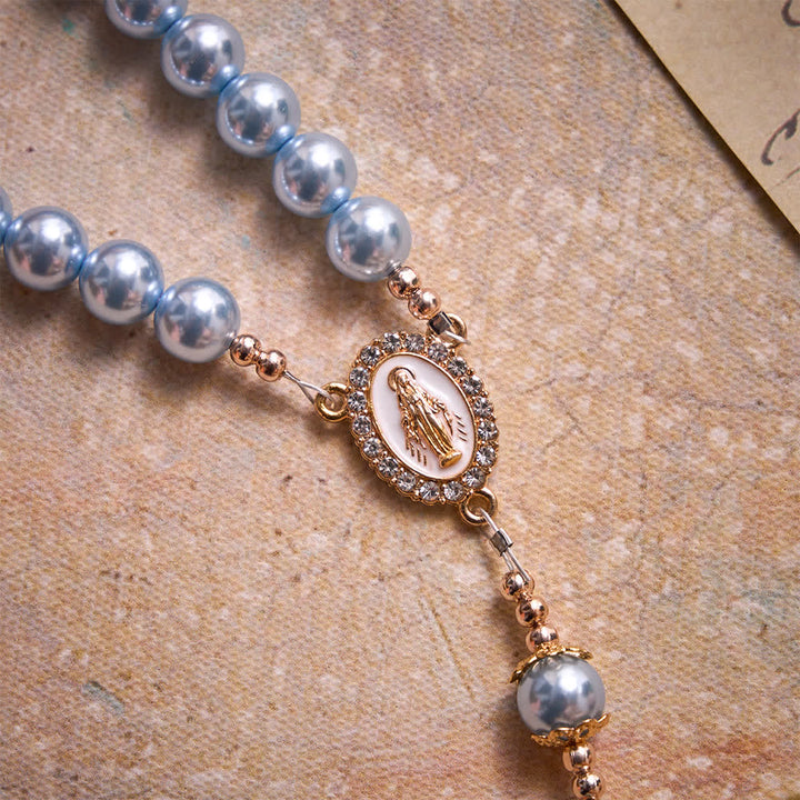 Christianartworkshop Himmelblauer Perlenrosenkranz Unserer Lieben Frau mit juwelenbesetztem goldenem Kruzifix: Symbol des himmlischen Friedens - image 6