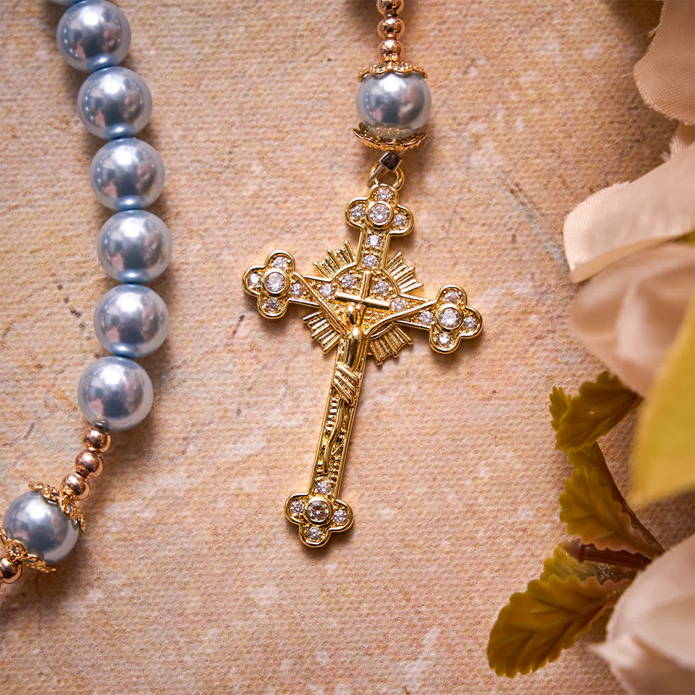 Christianartworkshop Himmelblauer Perlenrosenkranz Unserer Lieben Frau mit juwelenbesetztem goldenem Kruzifix: Symbol des himmlischen Friedens - image 5