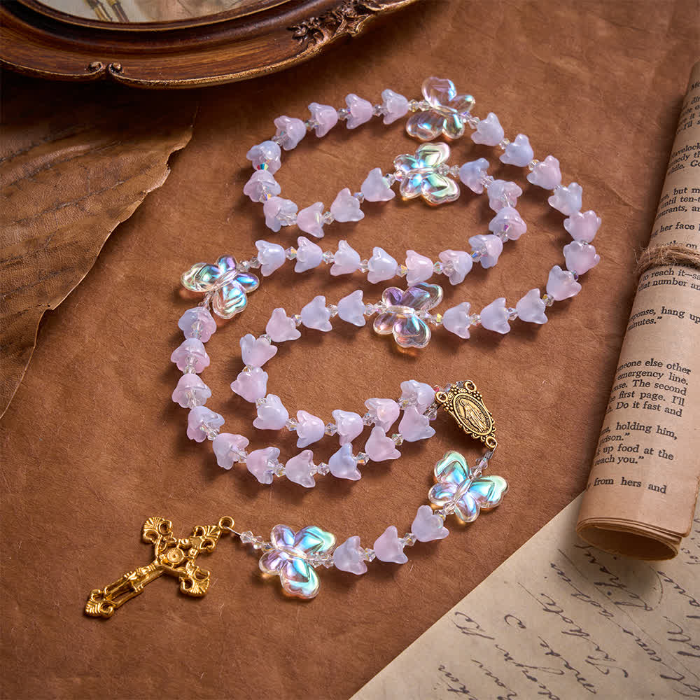 Christianartworkshop Rosenkranz aus Glas mit schimmerndem Maiglöckchenmuster und Schmetterlingsanhängern: Symbol sanfter himmlischer Segnungen - Schimmernder Lilienrosenkranz - image 0