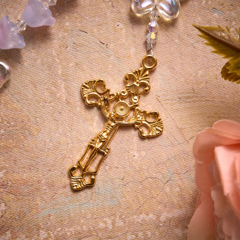 Christianartworkshop Rosenkranz aus Glas mit schimmerndem Maiglöckchenmuster und Schmetterlingsanhängern: Symbol sanfter himmlischer Segnungen - image 7