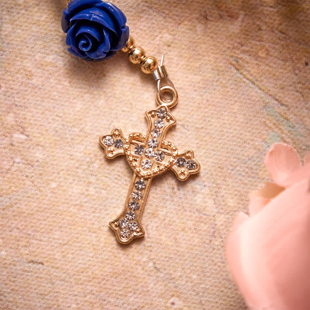 Christianartworkshop Rosenkranz aus blauen Porzellanperlen mit blauen Rosenornamenten und Medaille Unserer Lieben Frau von Aparecida - image 7