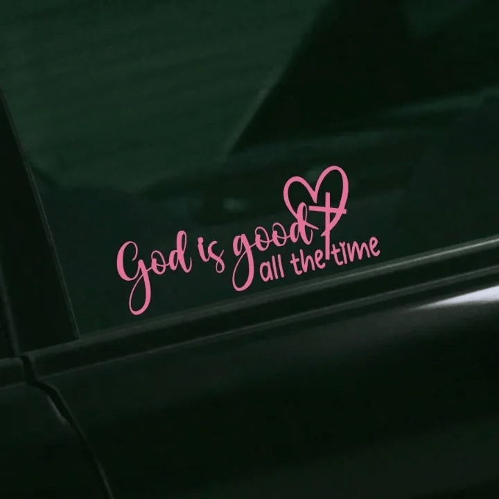 Christianartworkshop Autoaufkleber „Gott ist gut“ mit Herz und Kreuz in Schreibschrift: Symbol der beständigen himmlischen Güte - Rosa - 6 Stück - image 1