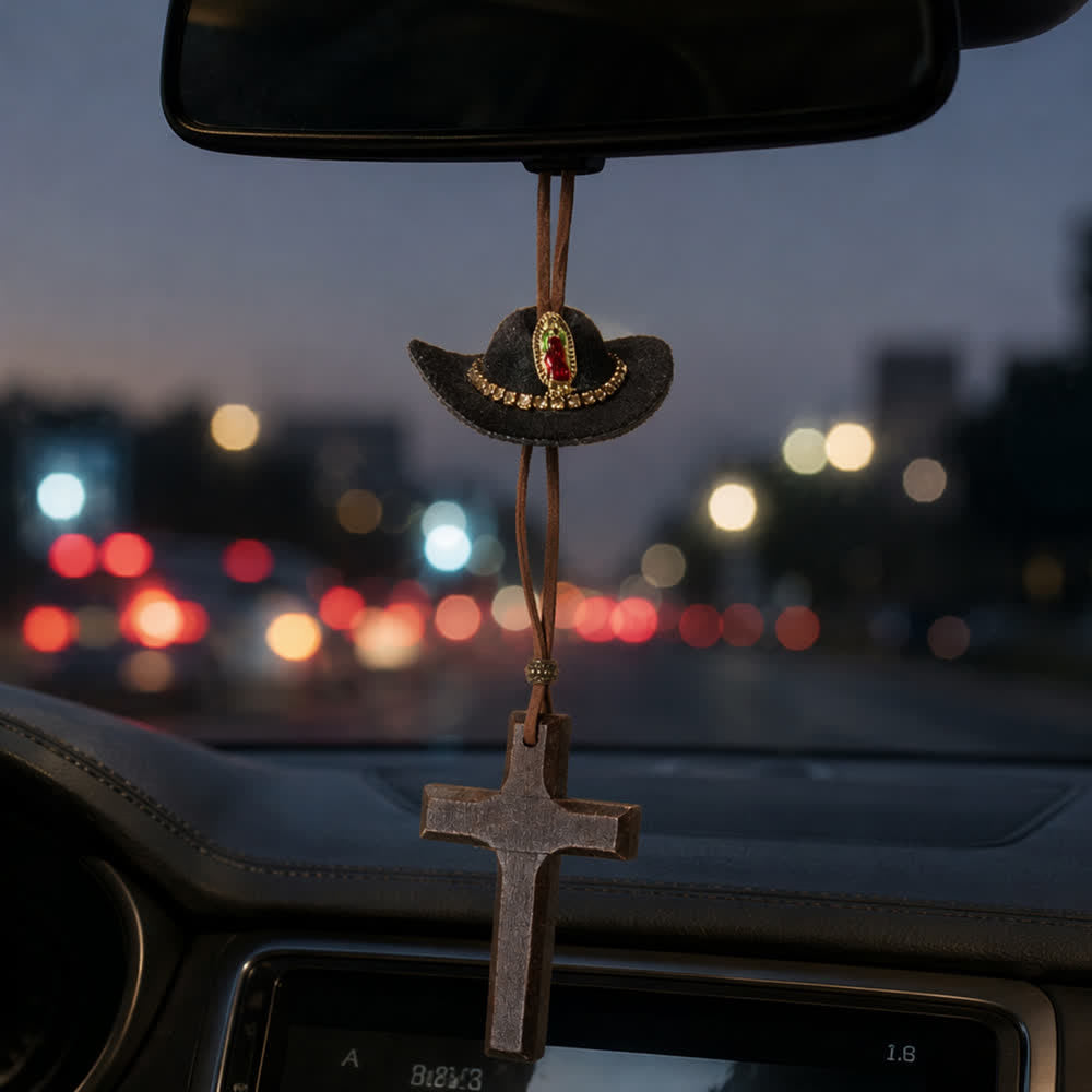 Christianartworkshop Vintage-Auto-Hängeornament im Western-Stil, verziert mit Filz, Marienhut und Holzkreuz - Braun - image 0