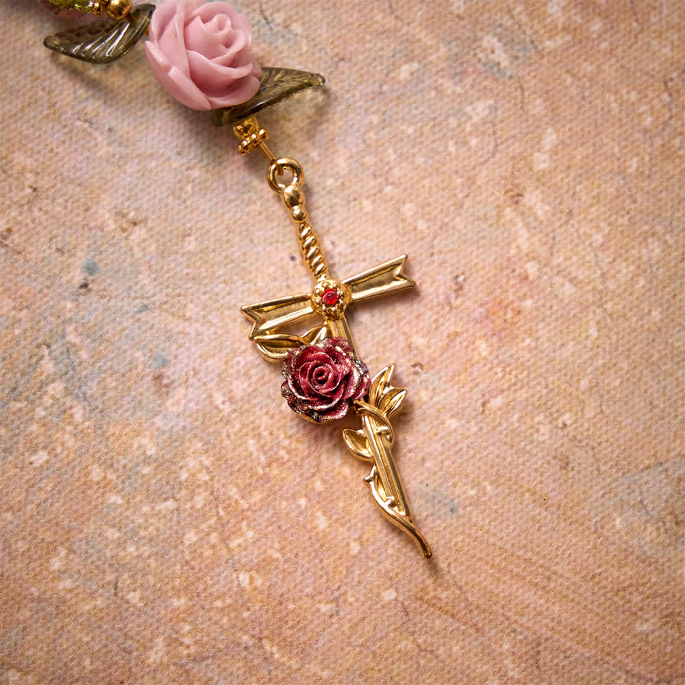 Christianartworkshop Rosenkranz aus rosa und grünen, facettierten Glasperlen mit Crackle-Effekt und Rosenmotiven, Marienkreuz - image 5
