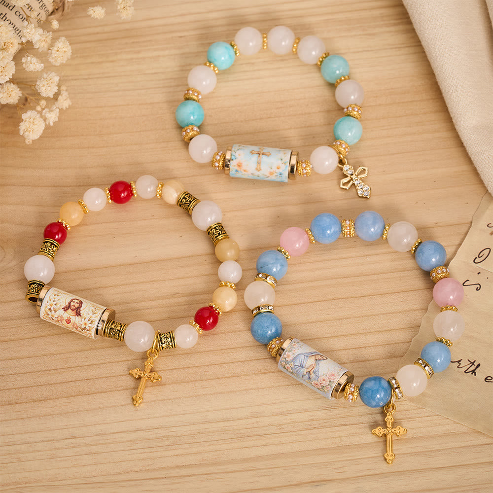 Christianartworkshop Vintage-Armband mit bedruckten Zylinderperlen und Kreuzanhänger: Symbol der sanften himmlischen Barmherzigkeit - image 1