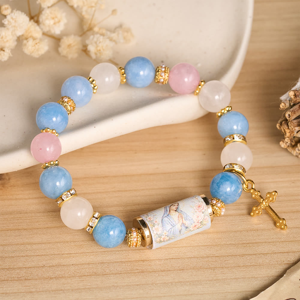 Christianartworkshop Vintage-Armband mit bedruckten Zylinderperlen und Kreuzanhänger: Symbol der sanften himmlischen Barmherzigkeit - Unsere Liebe Frau - image 0