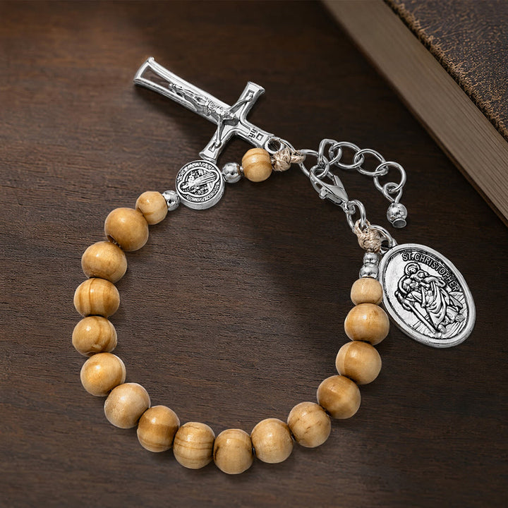 Christianartworkshop Rosenkranzarmband aus Naturholzperlen mit dem Heiligen Christophorus: Symbol für eine sichere Reise und himmlischen Schutz - image 15