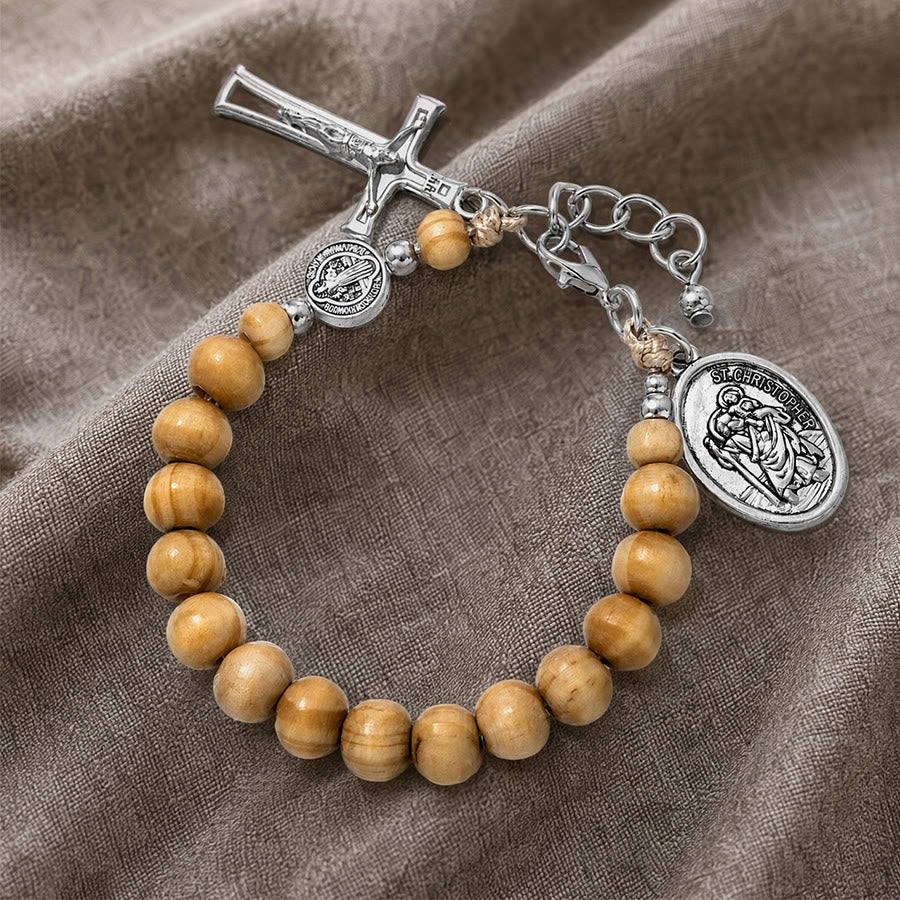 Christianartworkshop Rosenkranzarmband aus Naturholzperlen mit dem Heiligen Christophorus: Symbol für eine sichere Reise und himmlischen Schutz - image 18