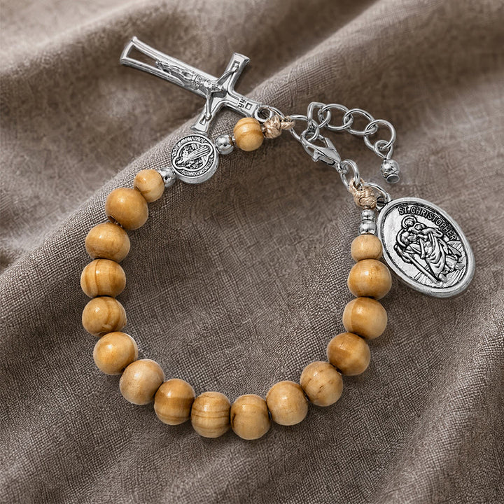Christianartworkshop Rosenkranzarmband aus Naturholzperlen mit dem Heiligen Christophorus: Symbol für eine sichere Reise und himmlischen Schutz - image 18