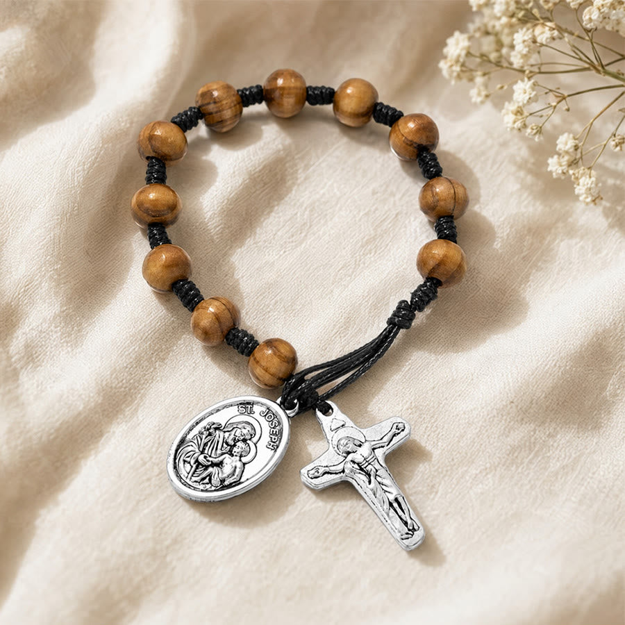 Christianartworkshop Handgeknüpfter Rosenkranz aus Holzperlen mit St.-Josephs-Medaille und Kruzifix: Symbol des himmlischen Schutzes der Familie - image 2